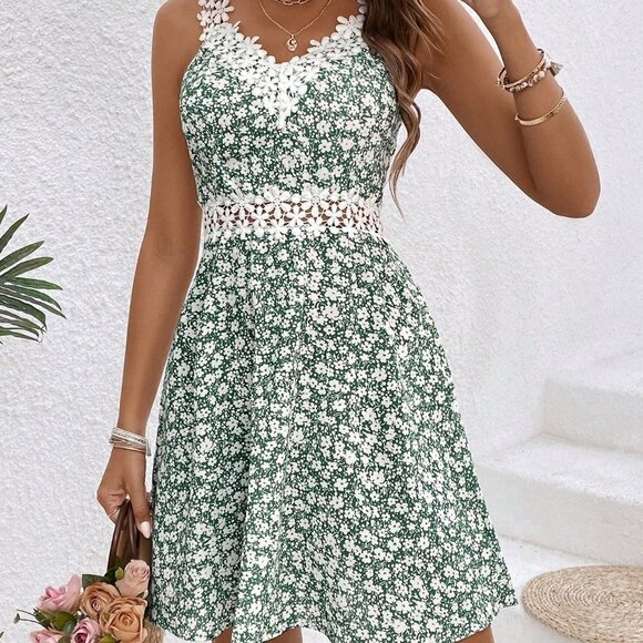 Multicolor Boho Womens Women's Sleeveless Floral Print Lace Splice Dress - Picture 6 of 6